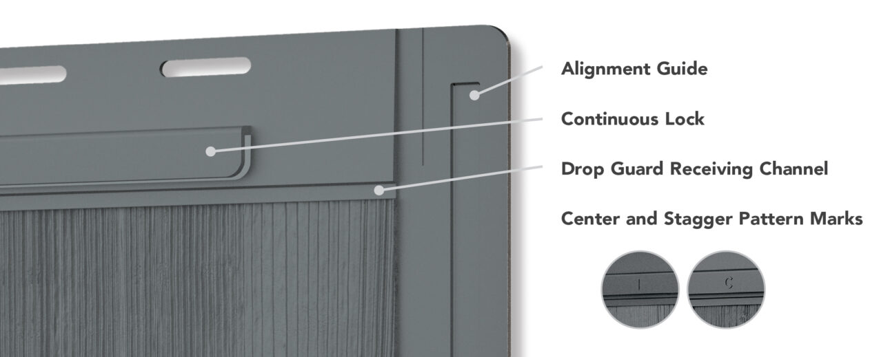 A piece of Harbor Mill™ Shake and shingle siding with some of the features called out, including alignment guide, continuous lock, drop guard, and center and stagger pattern marks