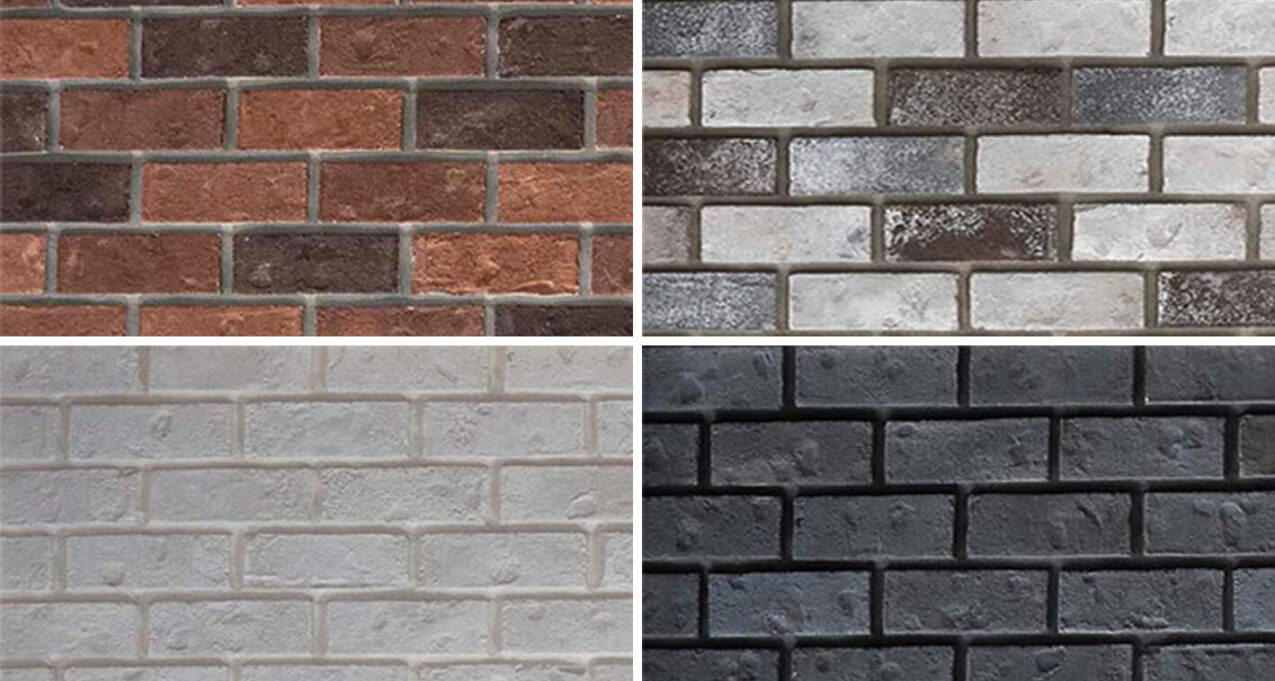 Square image showing equal squares of each of ProVia's thin brick manufactured stone colors, including Boston, Cobblestone, Delaware, and Midnight