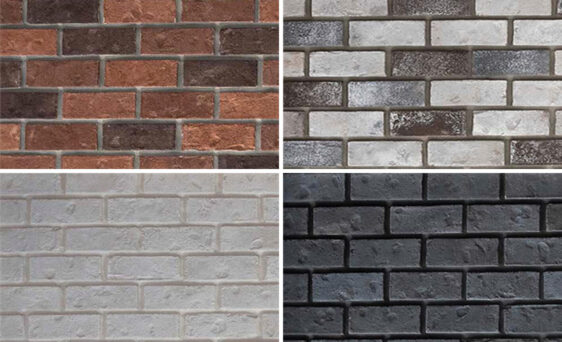 Square image showing equal squares of each of ProVia's thin brick manufactured stone colors, including Boston, Cobblestone, Delaware, and Midnight