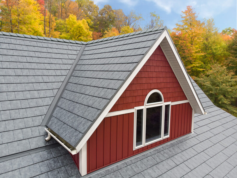 Ironstone Slate metal roofing on red farmhouse style home