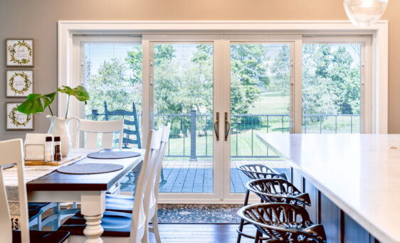 Inside view of an Endure 4-lite sliding patio door in white with white internal blinds