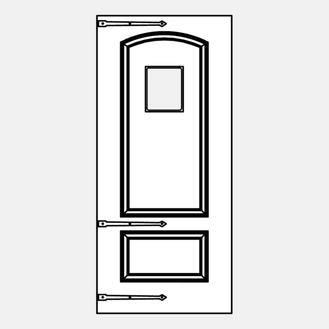 Line art illustration of a ProVia 002C-449 style entry door with a speakeasy and hinge straps