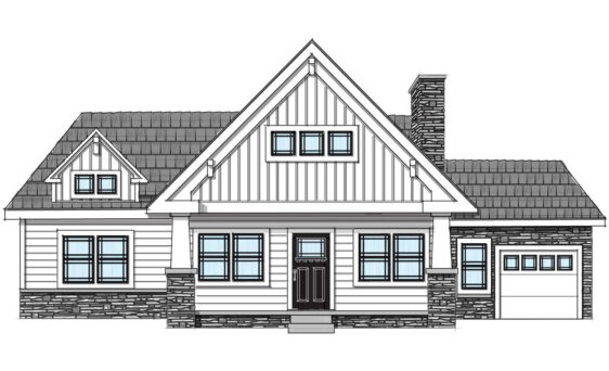 Illustration of a Craftsman-style home featuring Craftsman windows and a Craftsman style front door