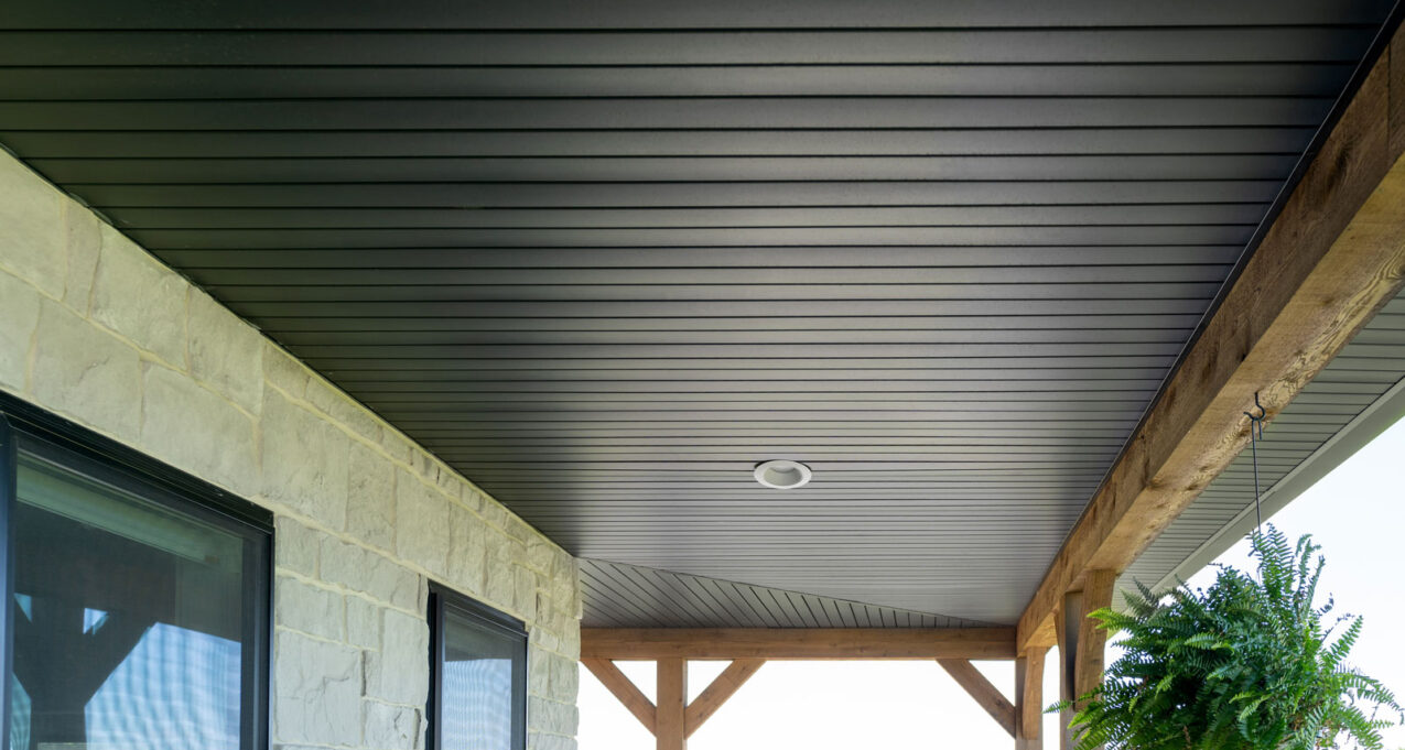 Universal vinyl soffit in Coal Black provides a dramatic, black soffit option