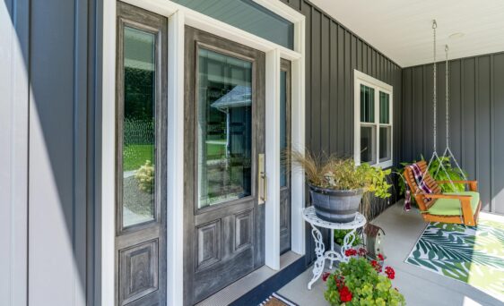 Embarq fiberglass energy efficient front door in Dutch Gray glaze with Laurence decorative glass in the door and sidelites