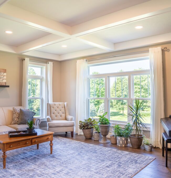 Inside view of Endure double hung windows in white with transoms