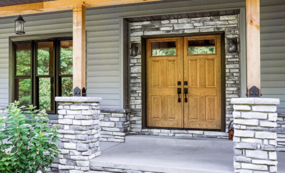 Legacy™ 420-4P French Entry Doors with Dark Oak Stain, example of a woodgrain steel stained front door