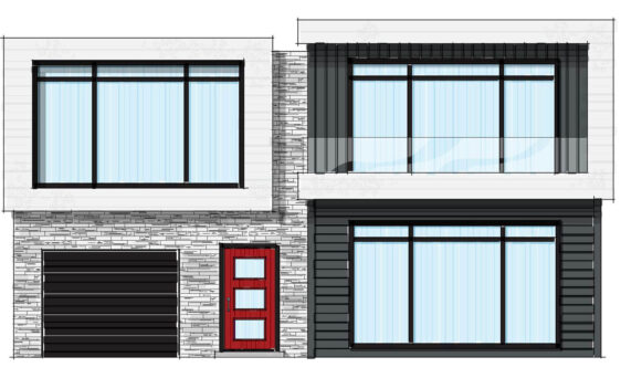 Illustration of a modern style house featuring an example of one of ProVia's modern front door styles in bright Vallis Red, modern windows in Black, and manufactured stone