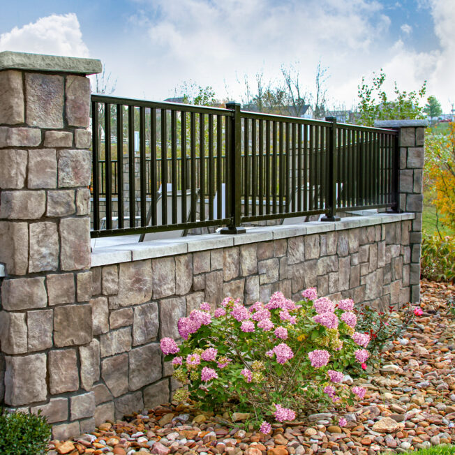 Outdoor patio area featuring Natura Cut ProVia manufactured stone veneer in Fernwood showing how ProVia stone can be featured in different outdoor applications