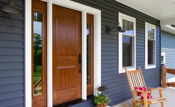 Signet fiberglass door with sidelites, example of stained front doors in Caramel stain