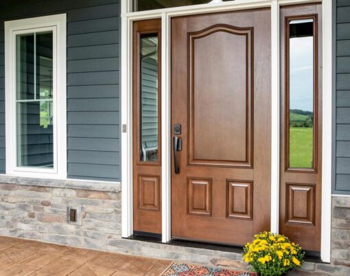 Signet fiberglass door in mahogany skin, example of colors of front doors featuring medium brown Hazelnut stain; front doors with sidelites and transom
