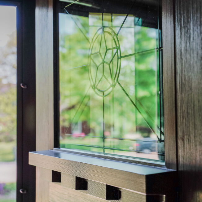 Signet® Fir 420 fiberglass door in Espresso—an example of ProVia Art Glass doors with Americana Art Glass