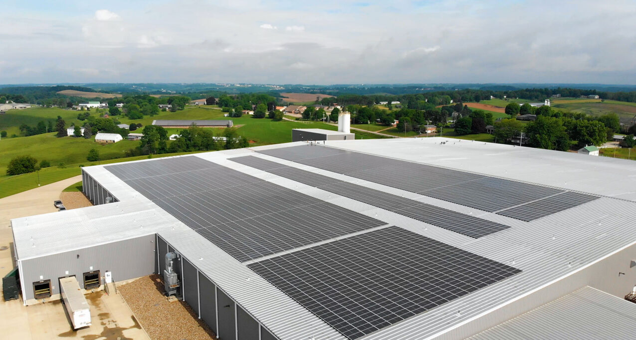 Solar array on the roof of ProVia's Cherry Ridge stone manufacturing facility