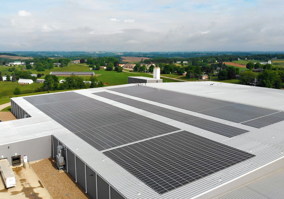 Solar array on the roof of ProVia's Cherry Ridge stone manufacturing facility