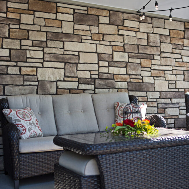 Outdoor images showing ProVia's Terra Cut stone veneer in the color Summit; main image on ProVia's stone gallery page