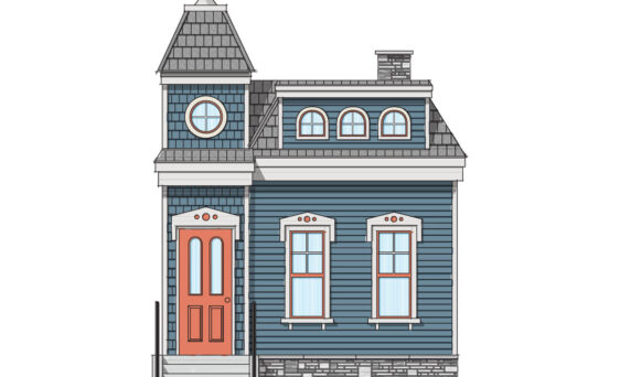 Illustration of a Victorian home with a ProVia entry door, windows, and siding, example of Victorian door styles and Victorian window styles