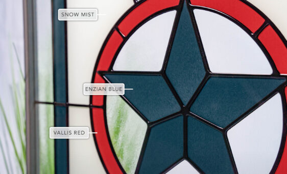 Closeup view of ProVia Americana Art Glass doors option labeled with details