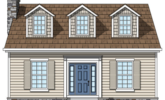 Illustration of a Cape Cod style house with Antique White siding, beige shutters, and a Cape Cod style front door & sidelites in Blueberry.