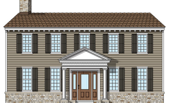 Illustration of a Colonial style home with Colonial front doors and Colonial style windows