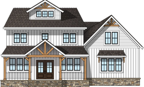 Illustration of a farmhouse-style home that features rich woodgrain fiberglass French Farmhouse front doors and lots of farmhouse windows.