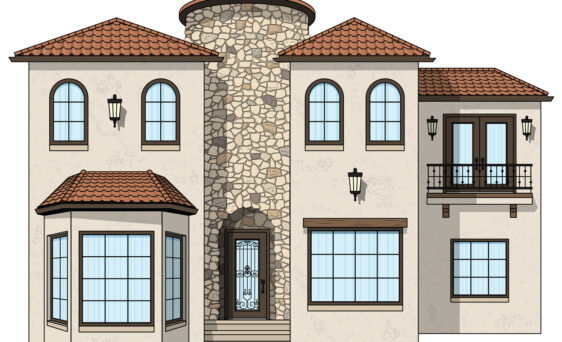 Illustration of a Spanish-style home with ProVia windows, entry door, and stone