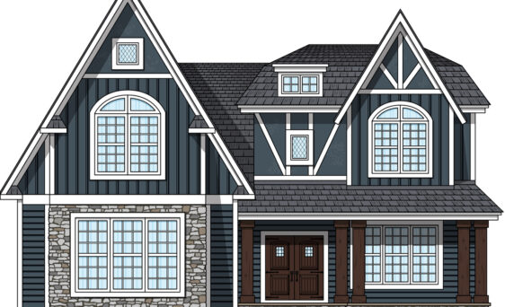 Illustration of a Tudor-style home with Tudor-style front doors and Tudor window styles to fit the unique architecture of a Tudor home.