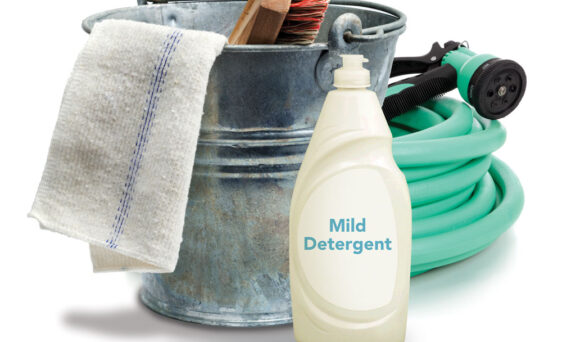 Isolated image of cleaning supplies illustrating manufactured stone cleaning