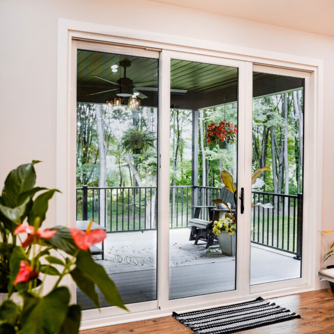 Outside view of a ProVia Endure™ 3-Lite Patio Door in White