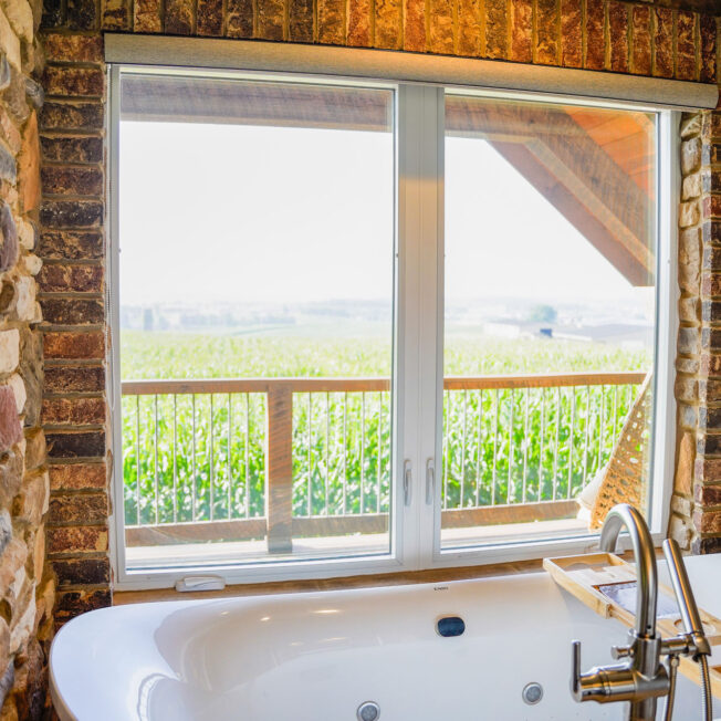 Interior view of Endure™ Casement Windows in White in a bathroom with a view of the countryside