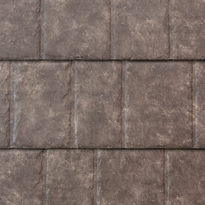 Closeup image showing the details of ProVia's Larkstone brownish gray colored metal slate roofing 