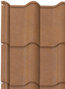 Detailed profile view of ProVia's metal barrel tile roof in TerraCotta