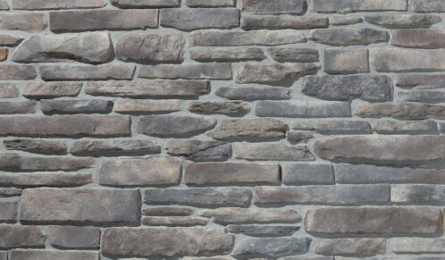 Closeup view of ProVia's Ledgestone veneer in the color Oxford with Gray stone grout