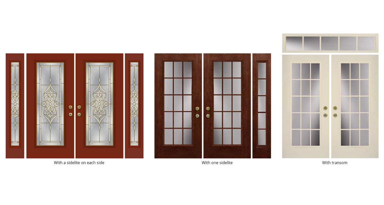 Three images showing ProVia patio door image options—patio door with a sidelite on each side; patio door with one sidelite, or patio door with transome.