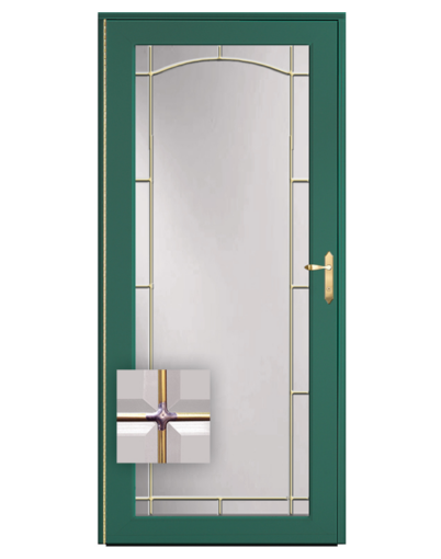 Isolated image of a ProVia Full View Storm Door with Archway Beveled Glass and Brass Inlay