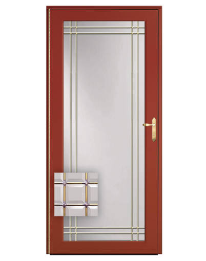 Isolated image of a ProVia 595-B Full View Storm Door with Double Prairie Beveled Glass and Brass Inlay