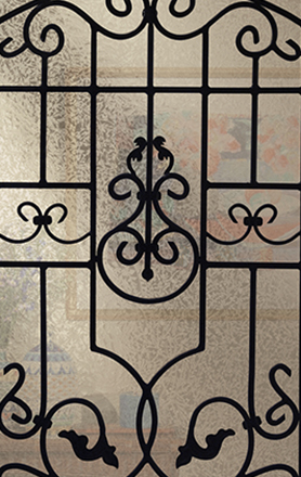 Closeup of ProVia Barcelona wrought iron glass design for entry doors