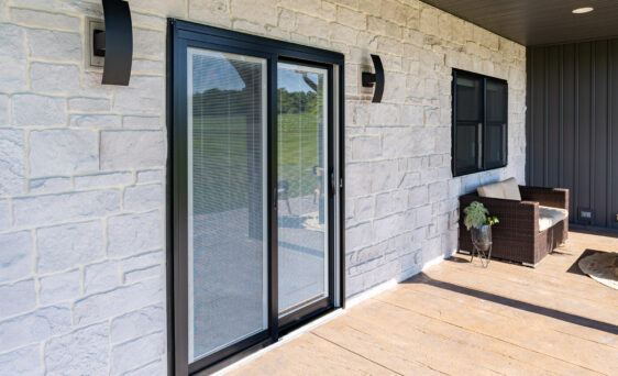 Endure sliding glass patio door in Coal Black with white internal blinds