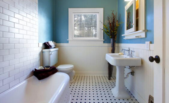 White and blue modern bathroom with an Endure picture window with internal blinds