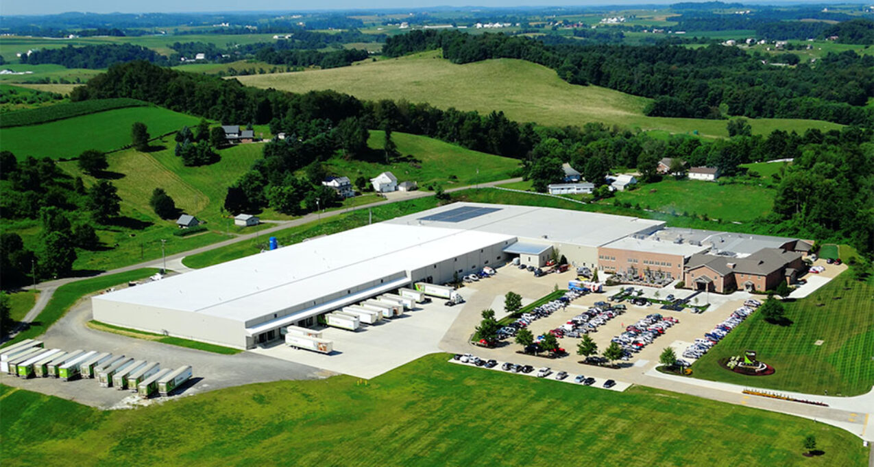Aerial Shot of ProVia Building with Ohio's scenic Amish Country in the background