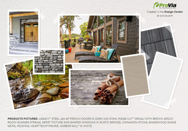 Vision board created in ProVia's Design Center showing a rustic home exterior color palette