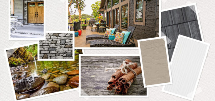 Vision board created in ProVia's Design Center showing a rustic home exterior color palette