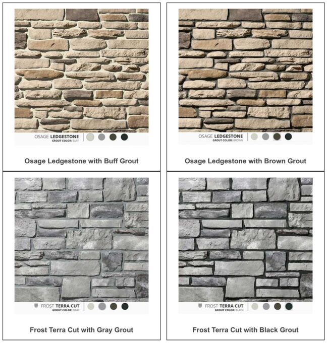 Image from ProVia's stone and grout color Visualizer, which launched in 2019, showing Ledgestone Osage with buff grout vs. brown grout, and Terra Cut Frost with gray grout vs. black grout