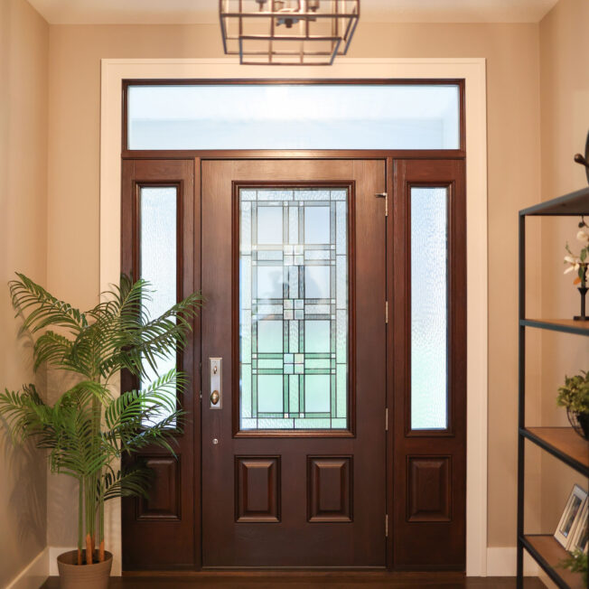 Embarq® Cherry 440-2P fiberglass entry door in Hazelnut with Laurence Decorative Glass