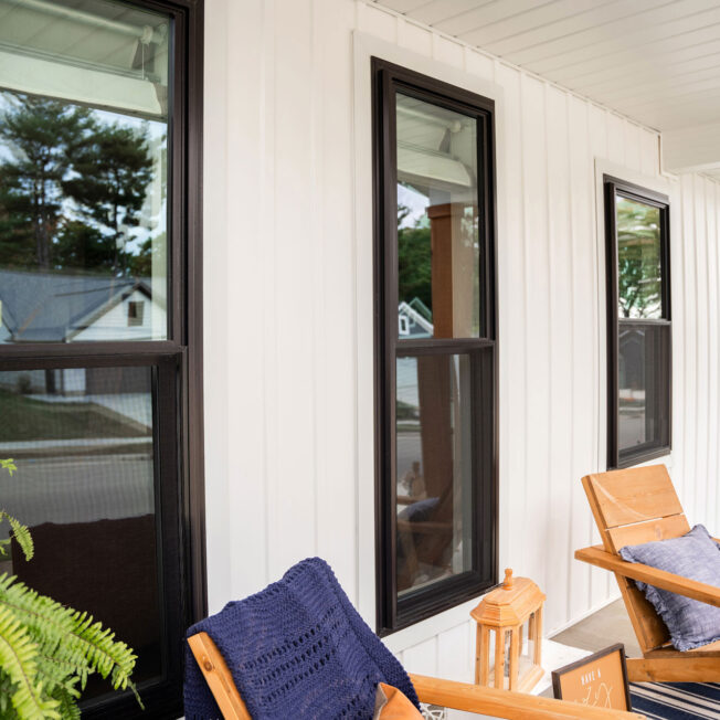 ProVia Endure™ Double Hung Windows in Coal Black on Front Porch, example of all-black windows