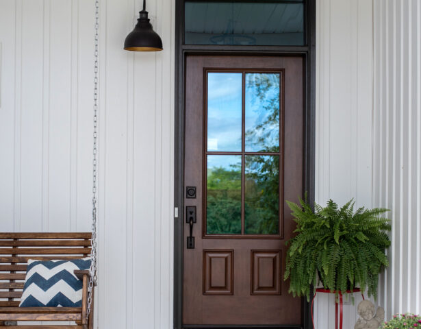 ProVia Signet® Mahogany 440-2P fiberglass farmhouse-style front door in Nutmeg with Simulated Divided Lites