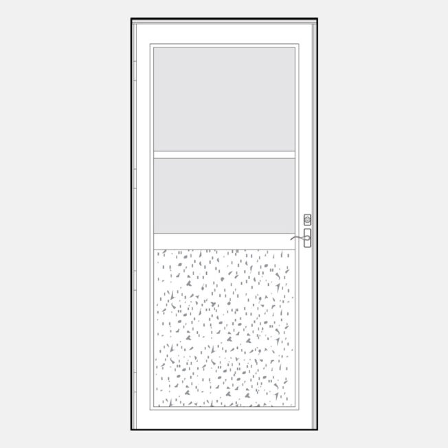 Line art of a ProVia Deluxe 079 storm door style