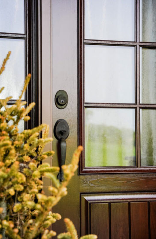 Closeup image of a Signet® Cherry 449-1PP Entry Door with attractive yellow foliage next to it 