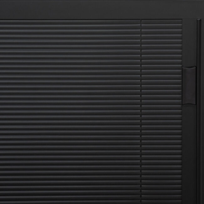 {Closeup view of exterior door with blinds in the color Black}